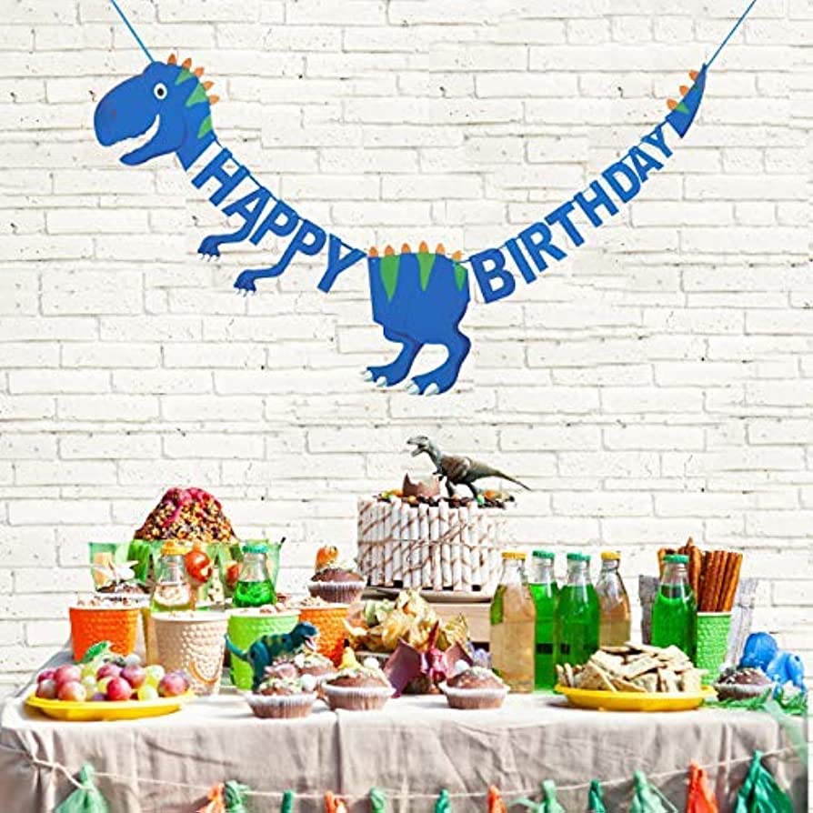 Banderín Feliz Cumpleaños Dinosaurio Azul