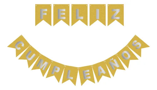Banderín Feliz Cumpleaños Glitter Dorado Fuerte